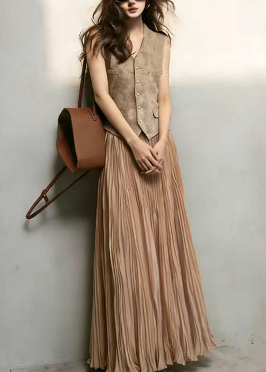 Dames Tweedelige Set Gilet en Gerimpelde Rok Mouwloos 1