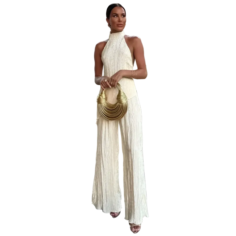 Dames Tweedelige Set Haltertop met Open Rug en Wijde Broek 0