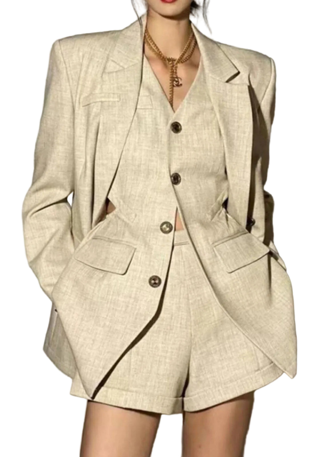 Dames Tweedelige Set Jas en Korte Broek Uitgehold Herfststijl 0