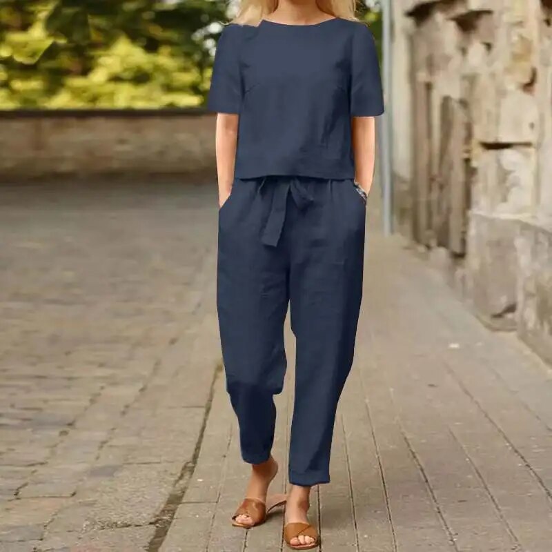 Dames Tweedelige Set Linnen Comfy Set voor Zomer Casual Stijl 2
