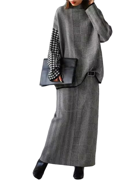 Dames Tweedelige Set Met Geruite Gebreide Trui En Rok 0