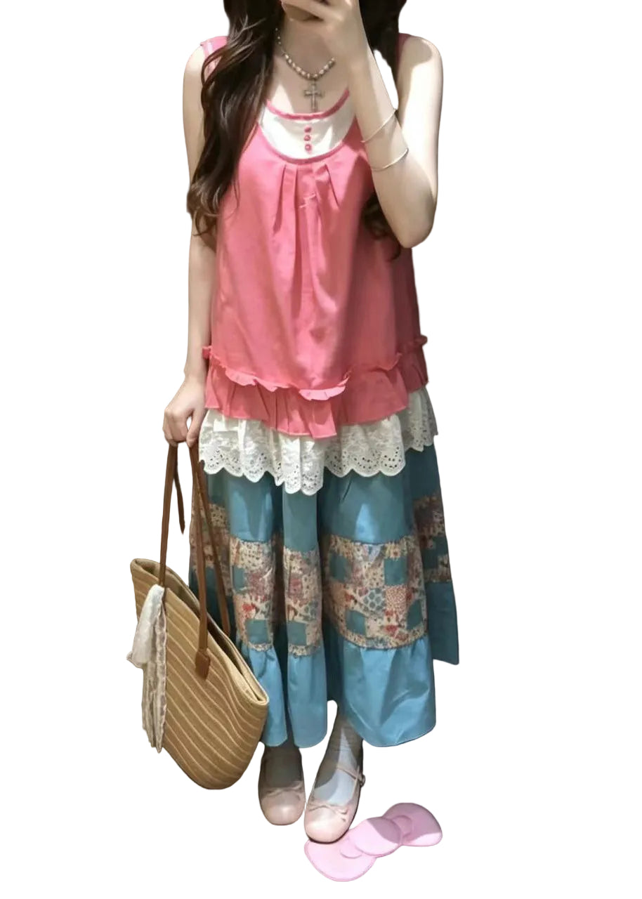 Dames Tweedelige Set Mouwloos met Gegolfde Patchwork Details 1