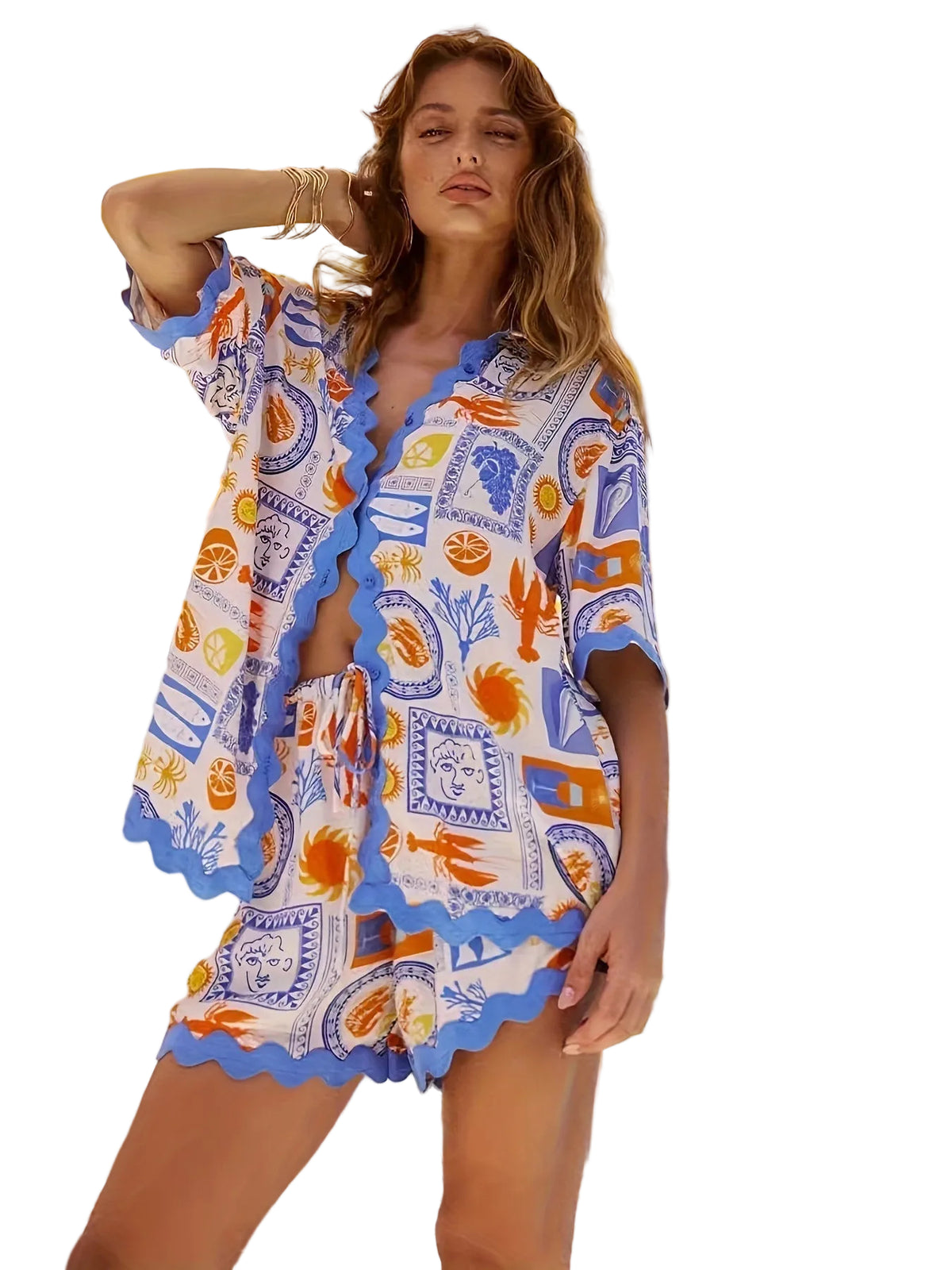 Dames Tweedelige Set Overhemd en Short Comfy Mediterrane Print 0