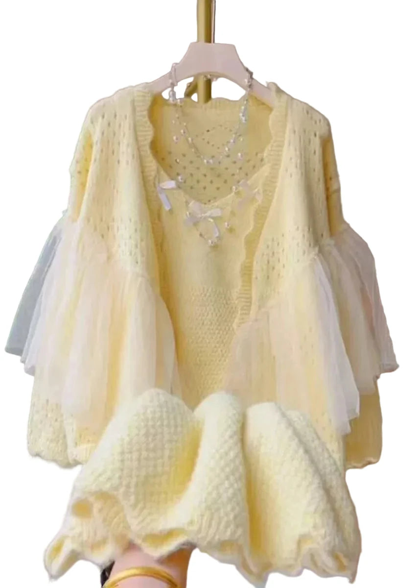 Dames Tweedelige Set Patchwork Tule Gebreid Met Opengewerkte Details 0
