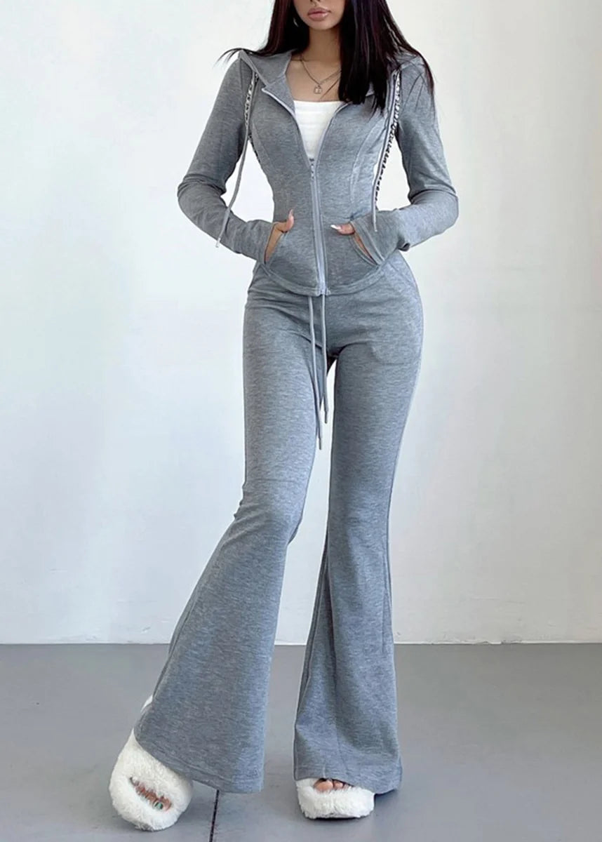 Dames Tweedelige Set Sporttop met Capuchon en Flared Broek Casual 1