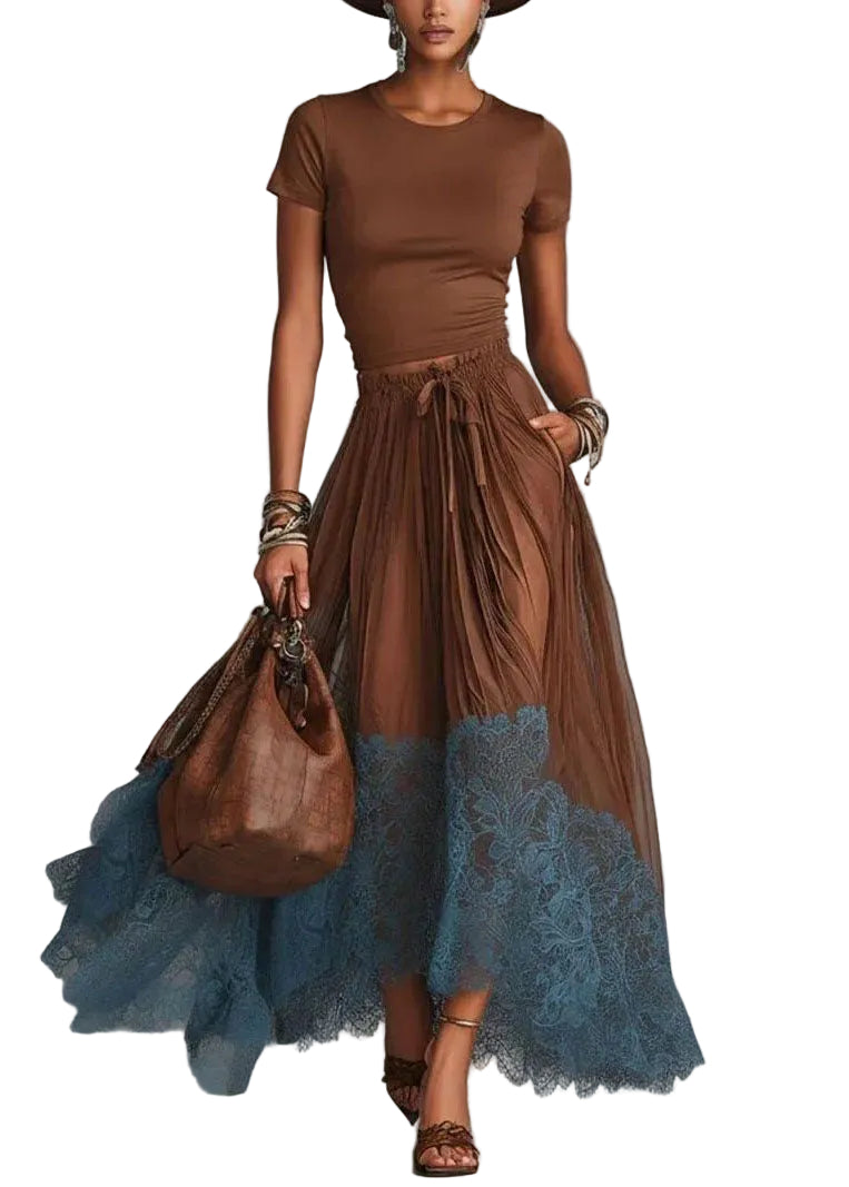 Dames Tweedelige Set Top en Rok Patchwork Kanten 0