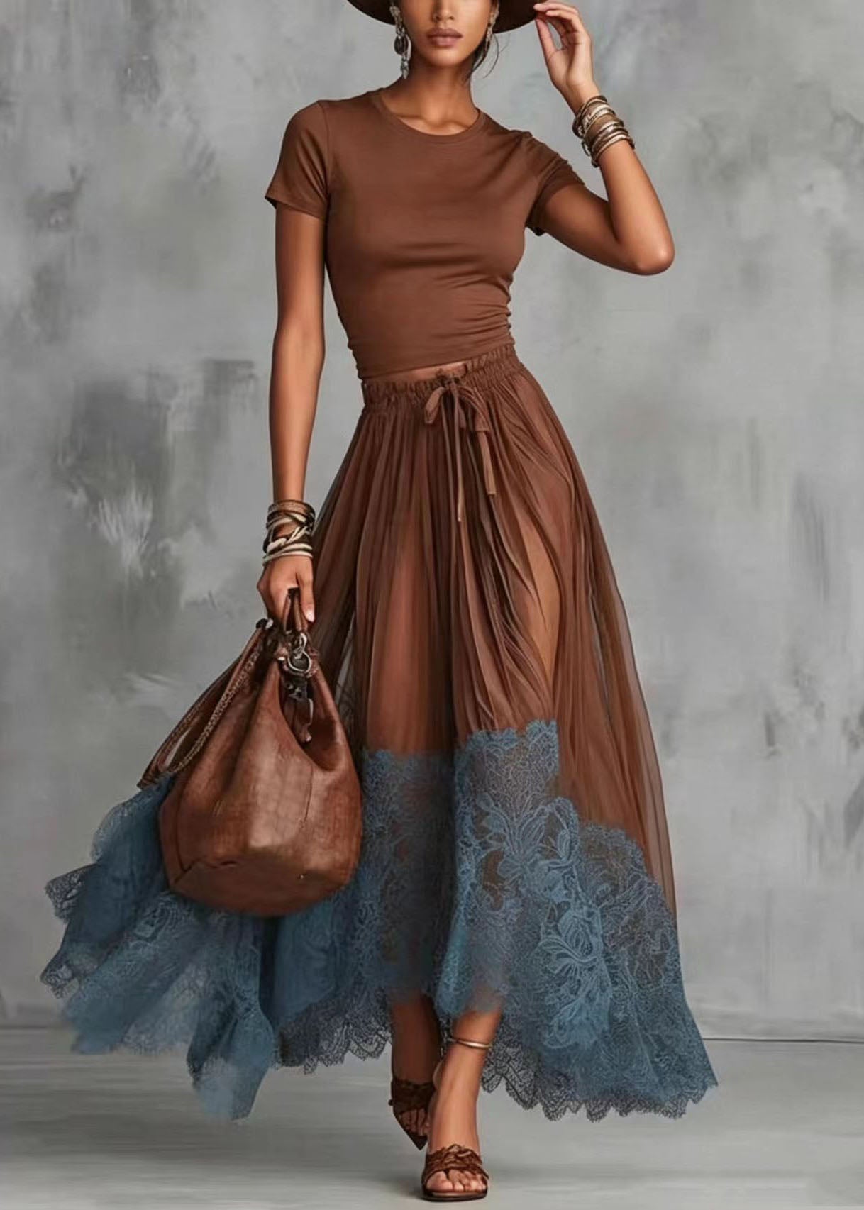 Dames Tweedelige Set Top en Rok Patchwork Kanten 1