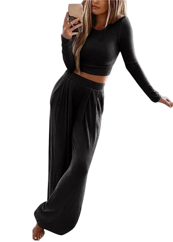 Dames Tweedelige Set Top met O-hals en Broek met Wijde Pijpen 0