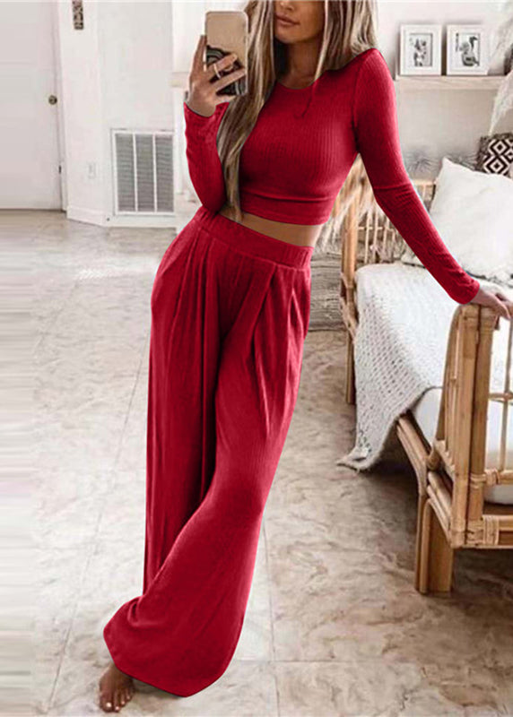Dames Tweedelige Set Top met O-hals en Broek met Wijde Pijpen 1