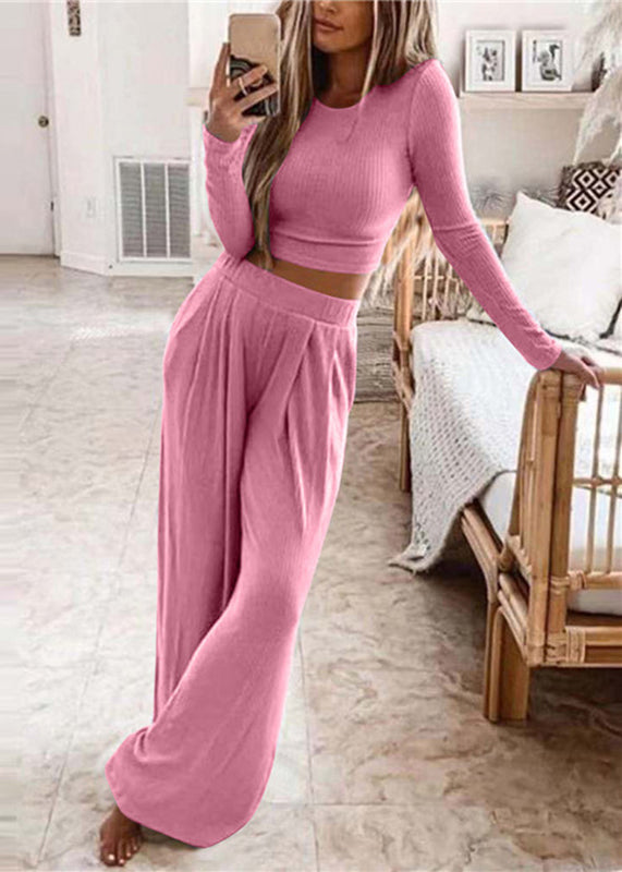 Dames Tweedelige Set Top met O-hals en Broek met Wijde Pijpen 4