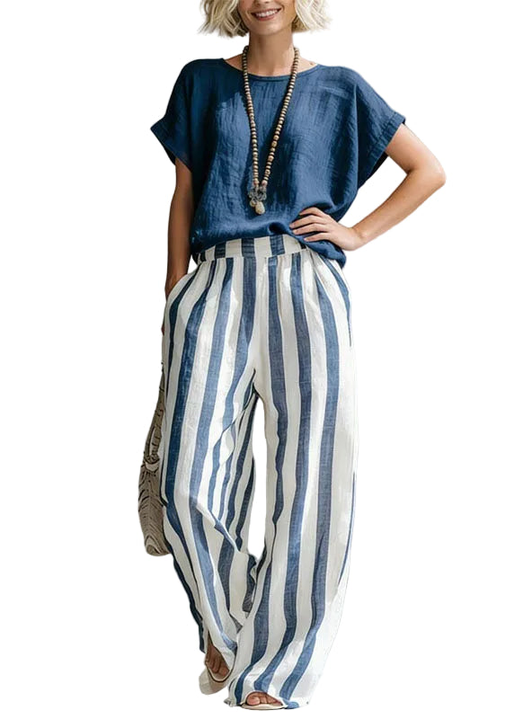 Dames Tweedelige Set Top met O-hals en Gestreepte Rechte Broek 0