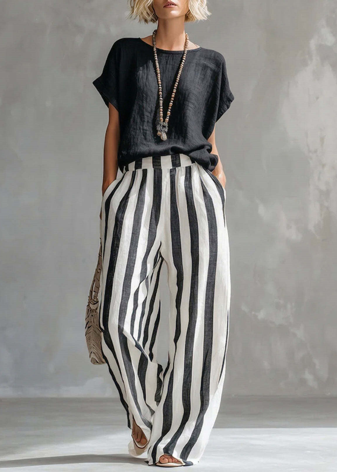 Dames Tweedelige Set Top met O-hals en Gestreepte Rechte Broek 1