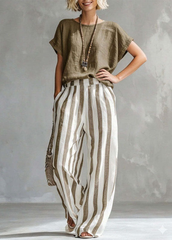 Dames Tweedelige Set Top met O-hals en Gestreepte Rechte Broek 2