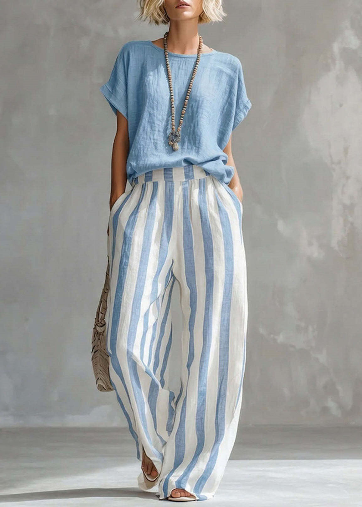 Dames Tweedelige Set Top met O-hals en Gestreepte Rechte Broek 3