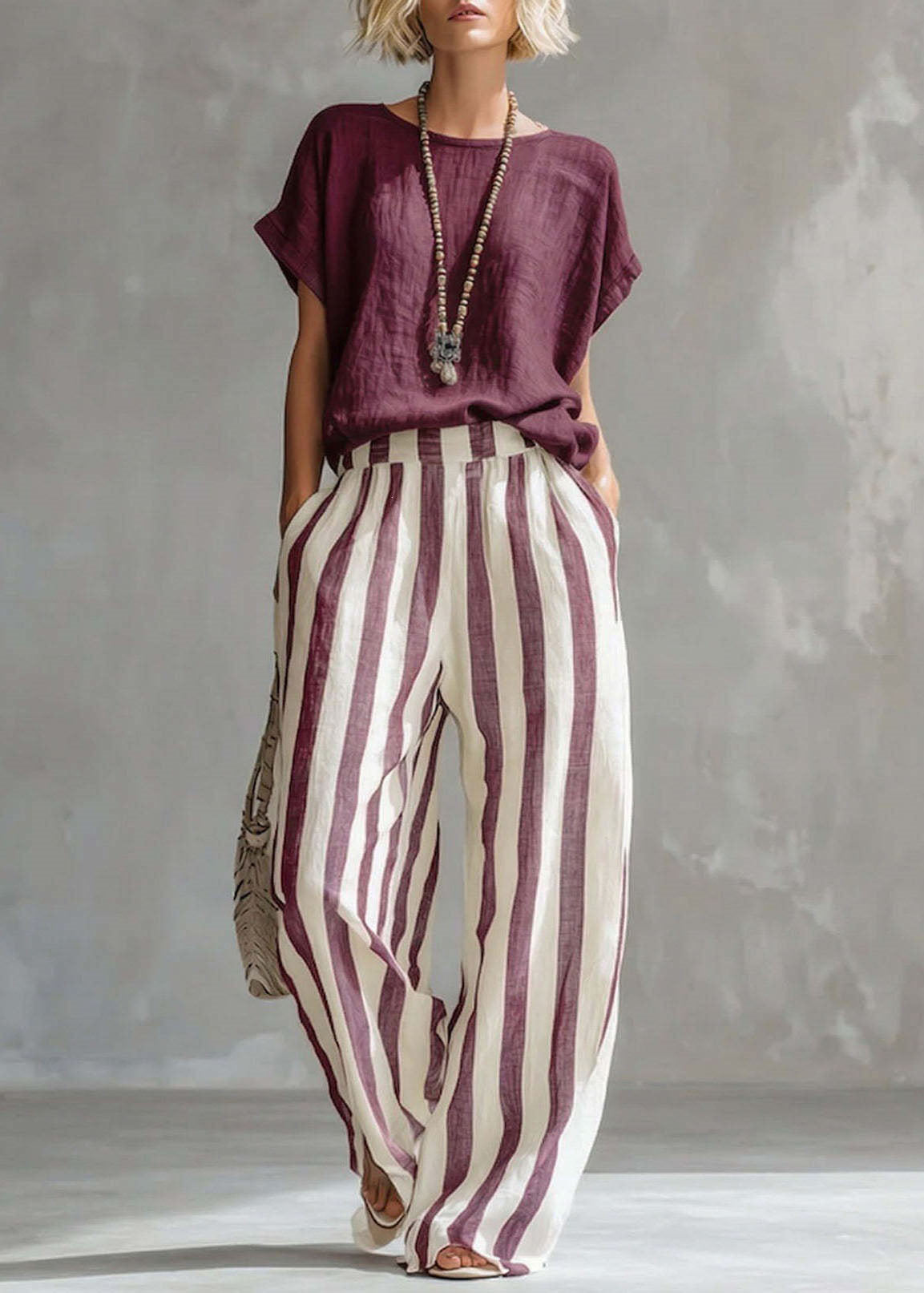 Dames Tweedelige Set Top met O-hals en Gestreepte Rechte Broek 4