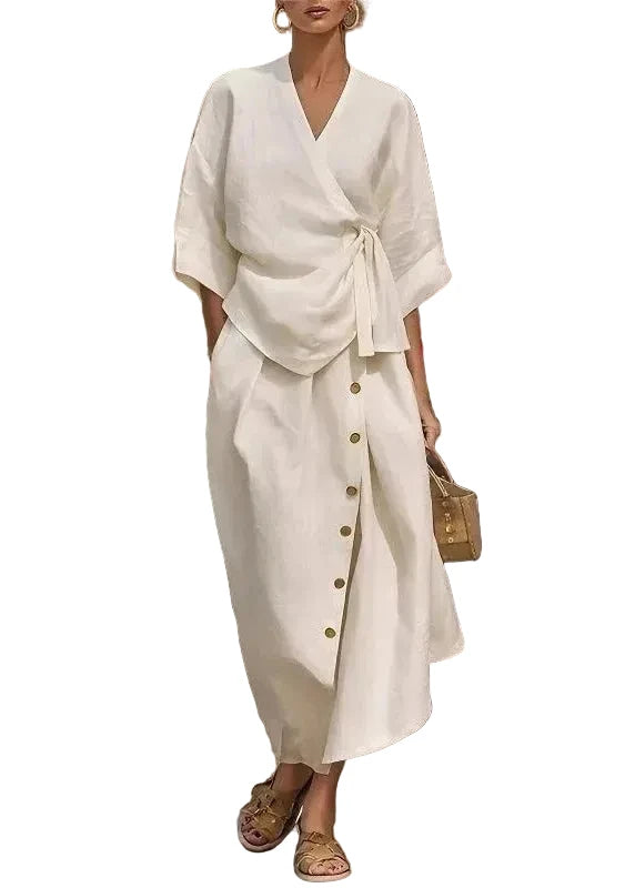 Dames Tweedelige Set Top met V-hals en Maxi Rok met Korte Mouwen 0