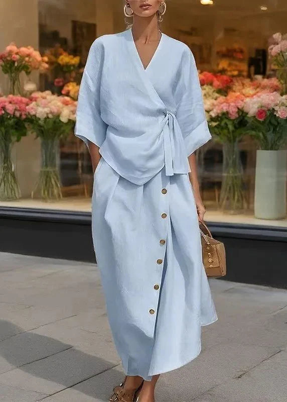 Dames Tweedelige Set Top met V-hals en Maxi Rok met Korte Mouwen 1
