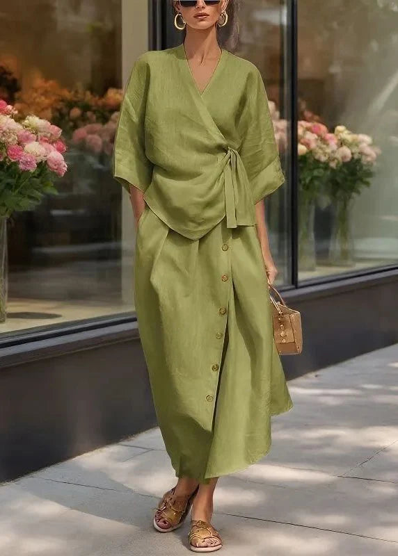 Dames Tweedelige Set Top met V-hals en Maxi Rok met Korte Mouwen 2