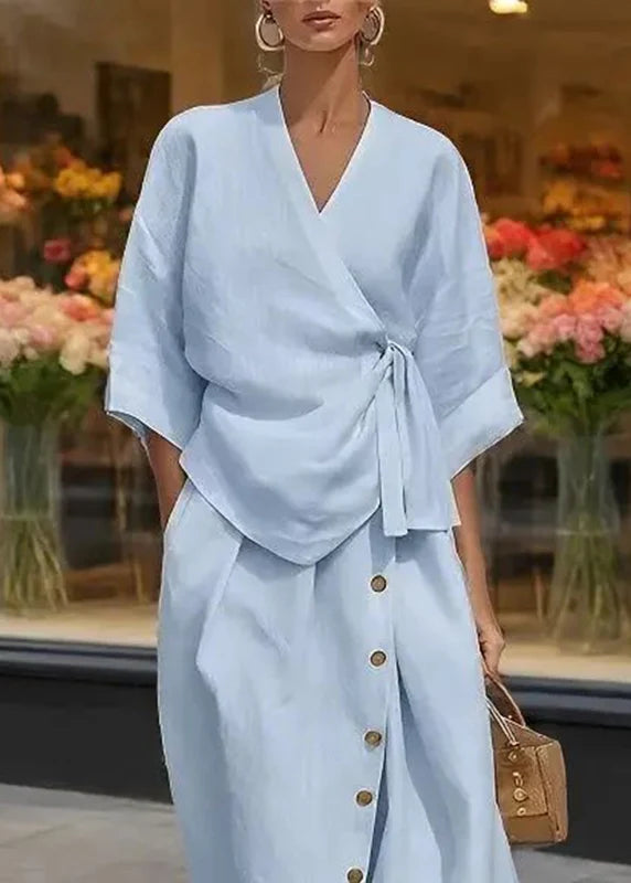Dames Tweedelige Set Top met V-hals en Maxi Rok met Korte Mouwen 3