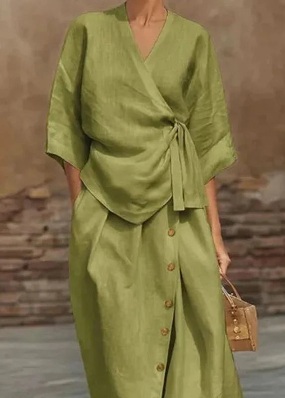 Dames Tweedelige Set Top met V-hals en Maxi Rok met Korte Mouwen 4