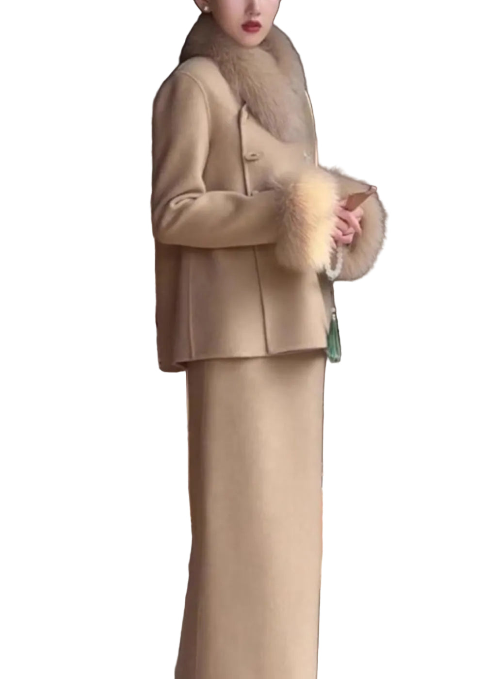Dames Tweedelige Set met Kameelbontkraag en Knoopdetails 0