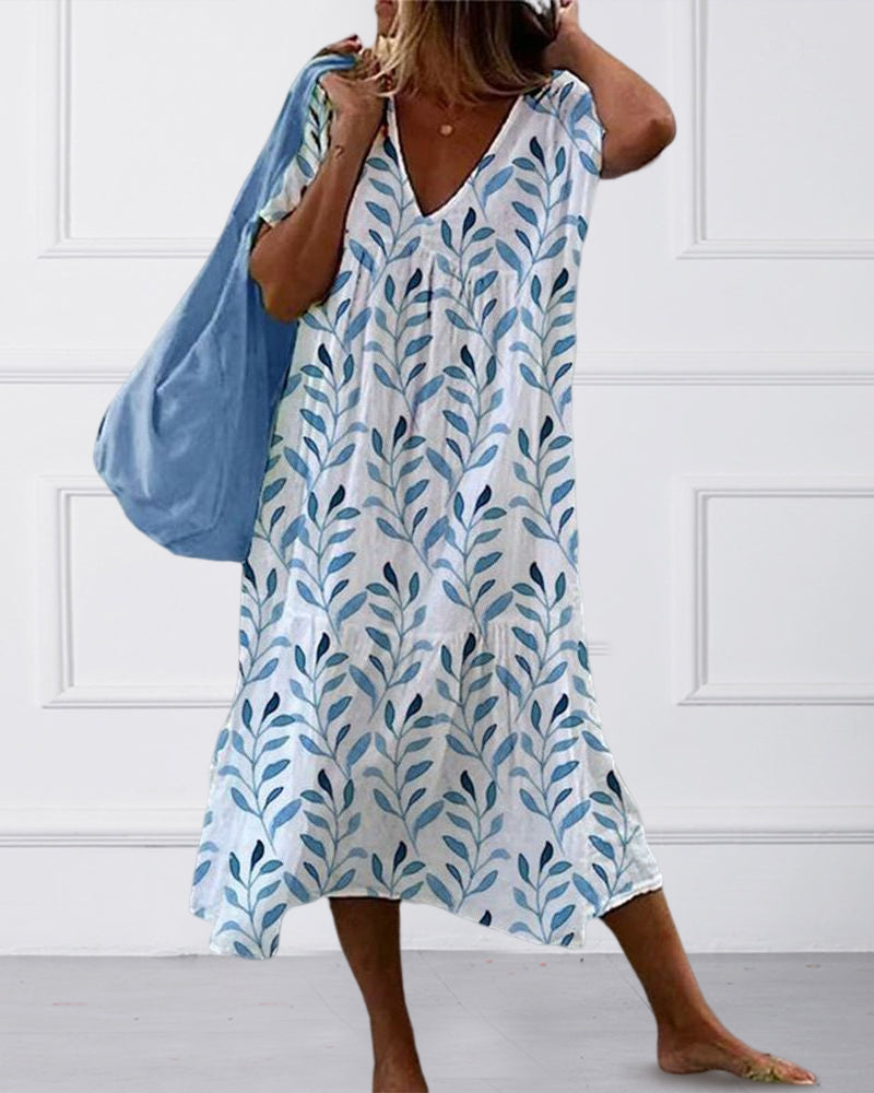 Dames V-Ausschnitt Jurk met Bladerenprint 3
