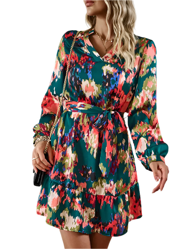 Dames V-hals Lange Jurk Geprinte Tailleband Polyester Zomer Kleding 0