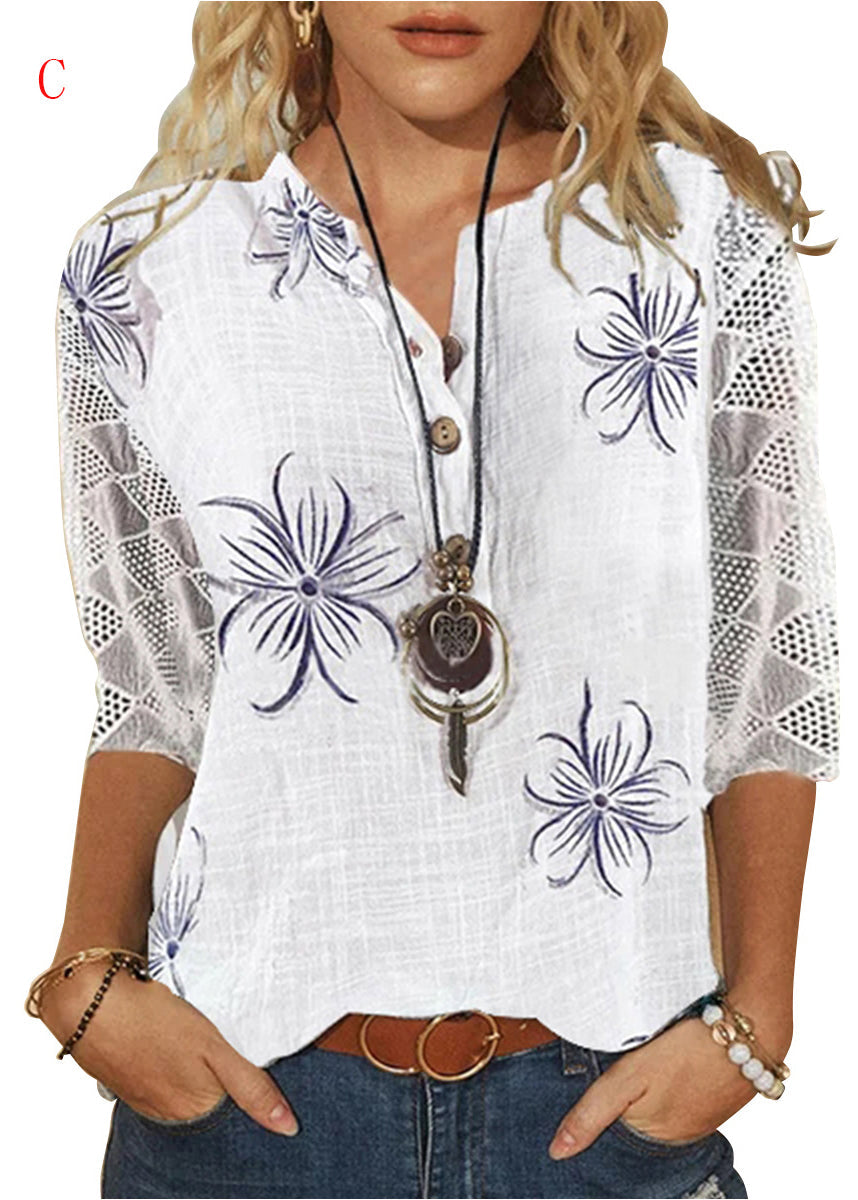 Dames V-hals Shirt met Print en Kant 2