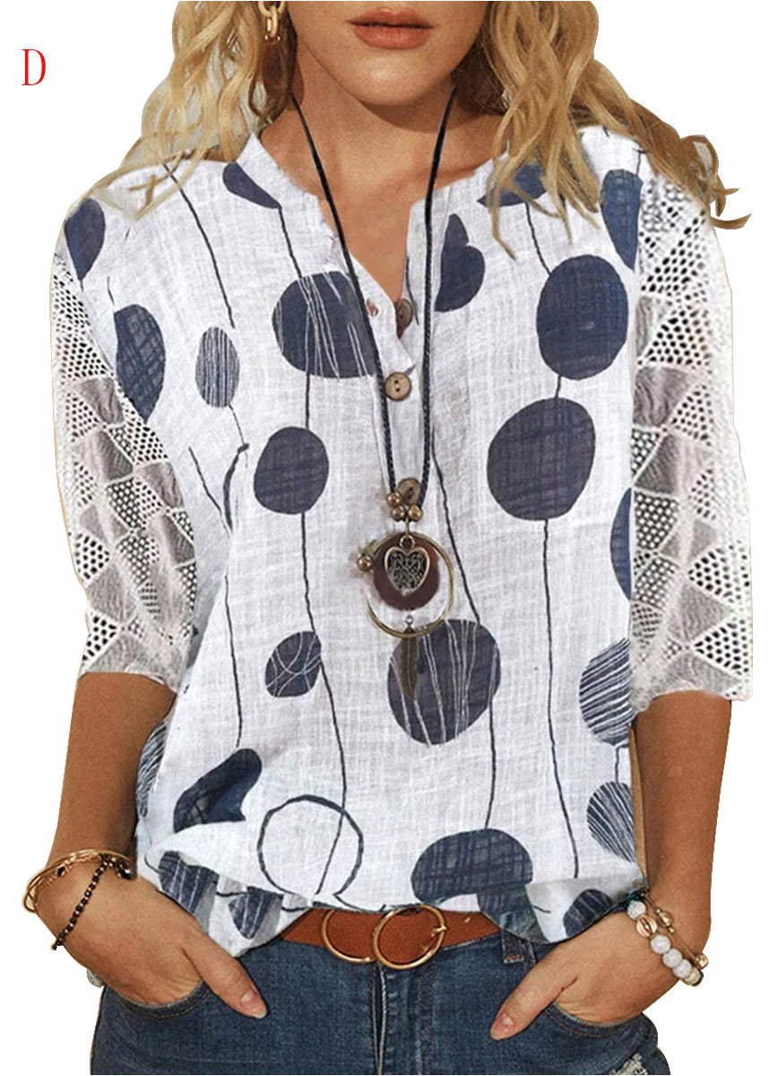 Dames V-hals Shirt met Print en Kant 3