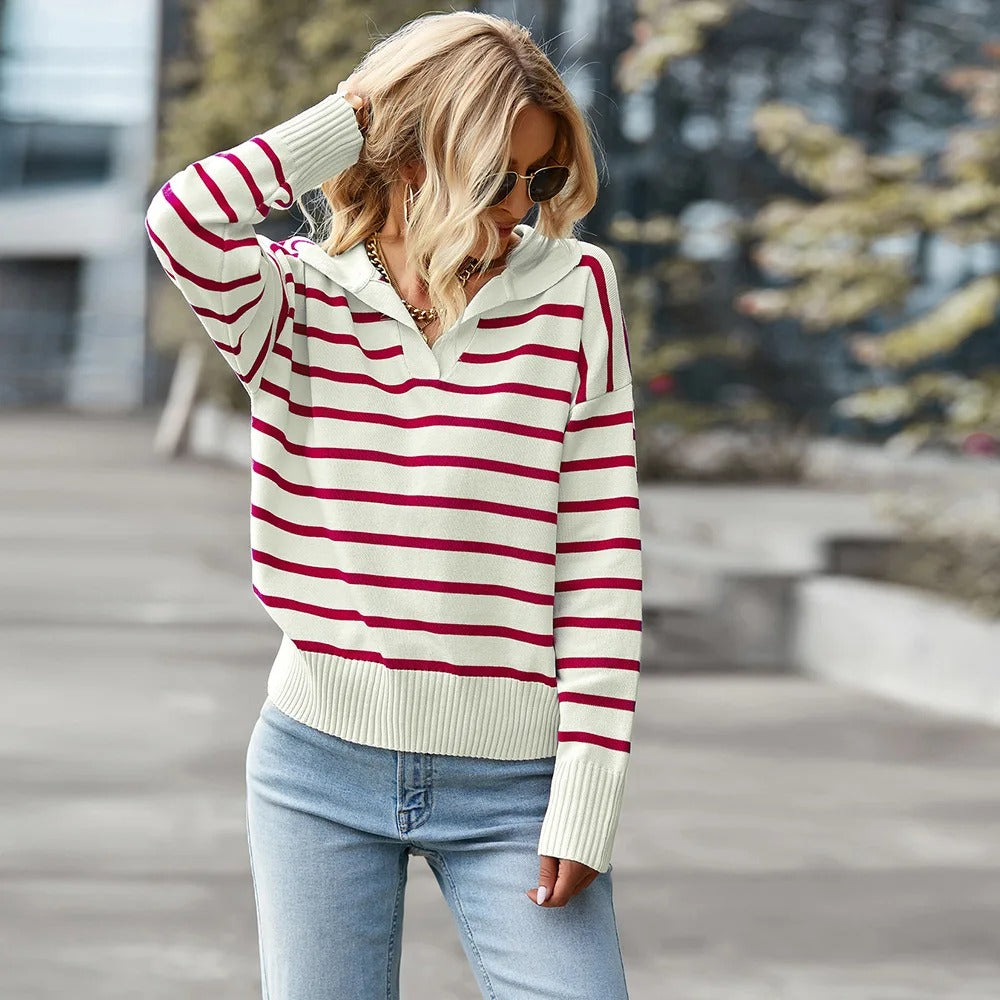 Dames V-hals Trui met Streepdesign 3