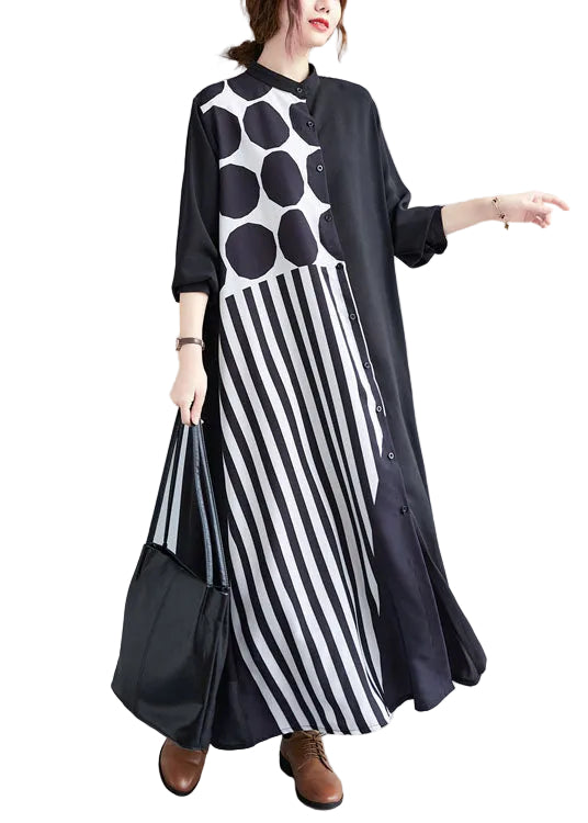 Dames Vakantiejurk met Zwart Print en Patchwork 0