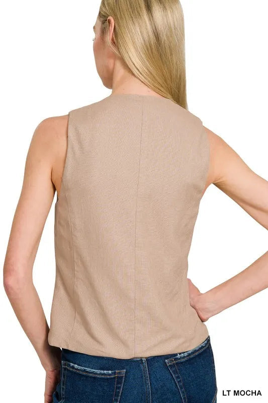 Dames Vest Button-Down Linnen Ademend Met Zakken 3