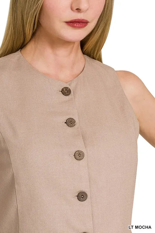 Dames Vest Button-Down Linnen Ademend Met Zakken 4