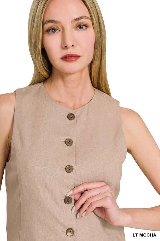 Dames Vest Button-Down Linnen Ademend Met Zakken 5