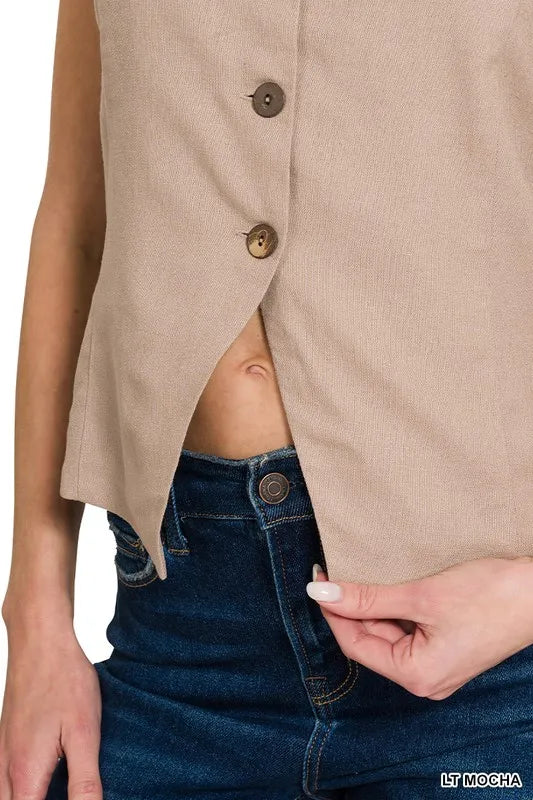 Dames Vest Button-Down Linnen Ademend Met Zakken 6