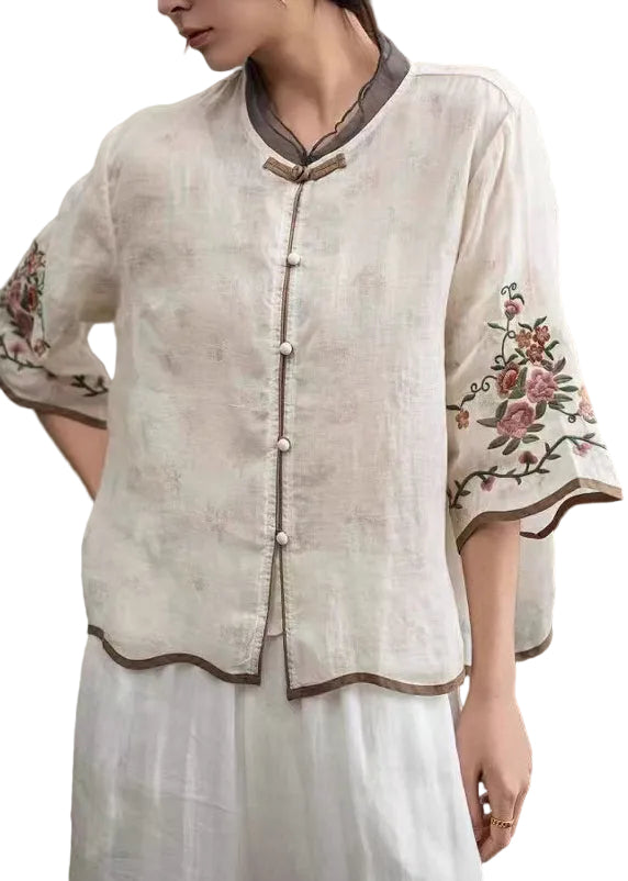 Dames Vintage Blouse met Chinese Knopen en Halve Mouwen 0