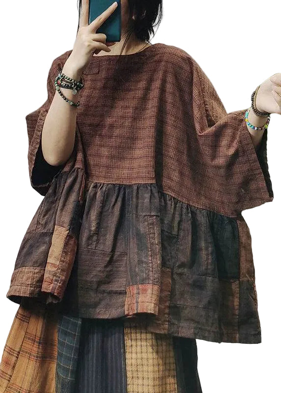 Dames Vintage O-hals Gerimpeld Shirt met Halve Mouw 0