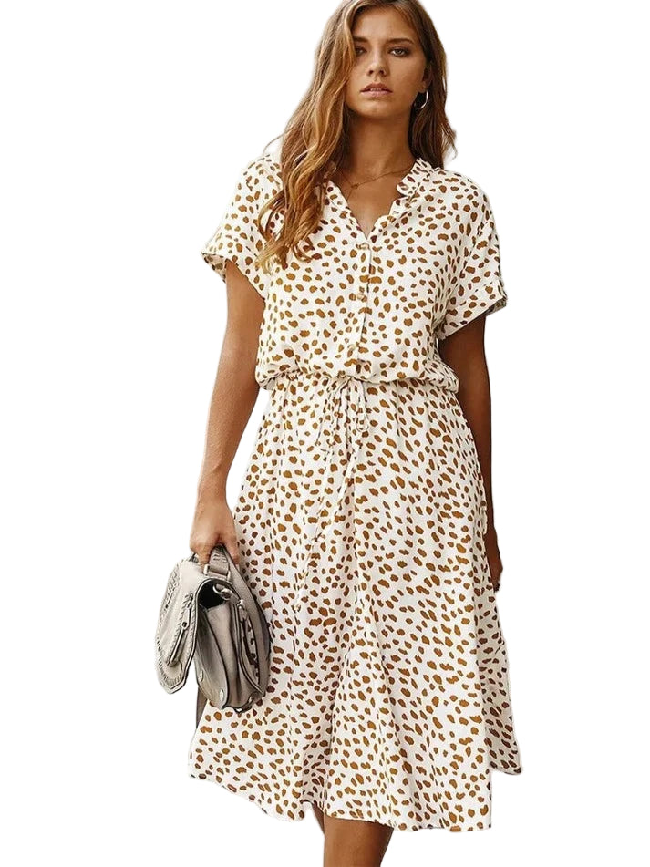 Dames Vintage Zomerjurk Met Middenmouwen en Leopardenprint 0