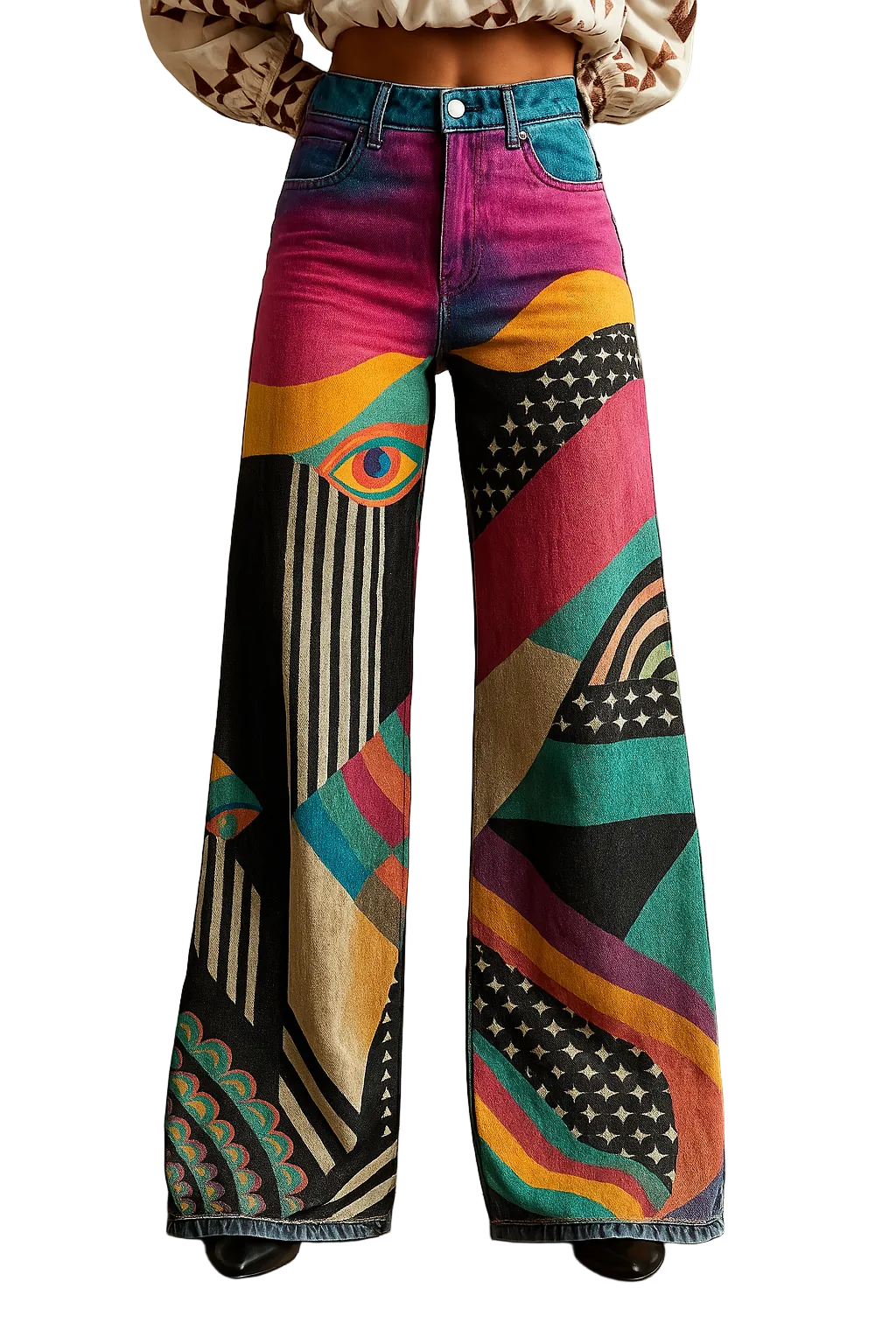 Dames Wijde Pijpen Broek met Grafische Prints 0