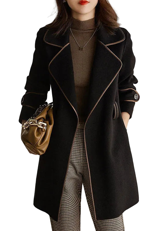 Dames Wollen Jas met Strikband en Patchwork Zakken 0