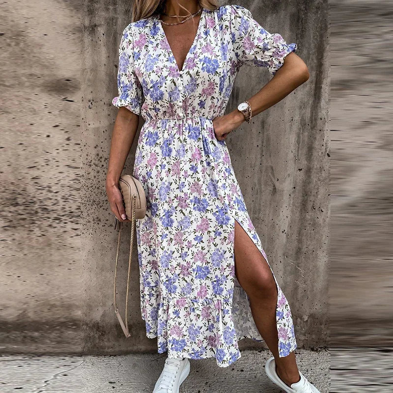 Dames Zomer Jurk Met Bloemenprint En Split 2