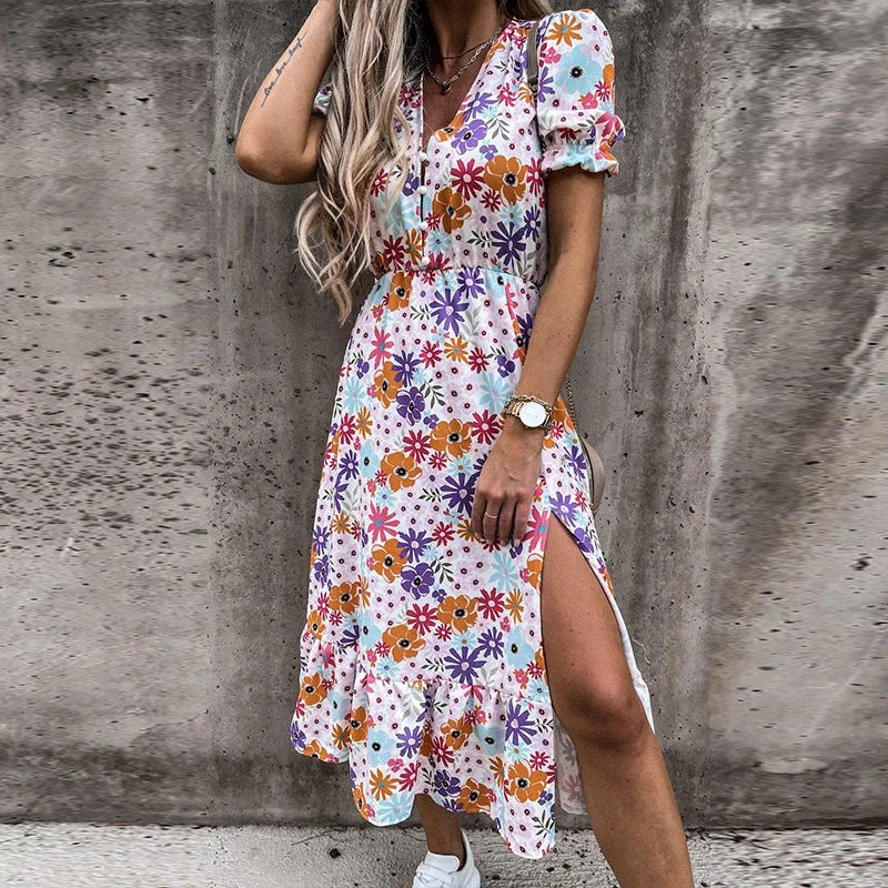 Dames Zomer Jurk Met Bloemenprint En Split 4