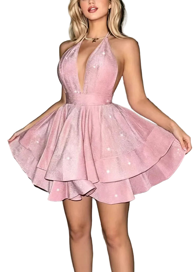 Dames Zomerjurk Halter Gelaagd Mini Jurk 0