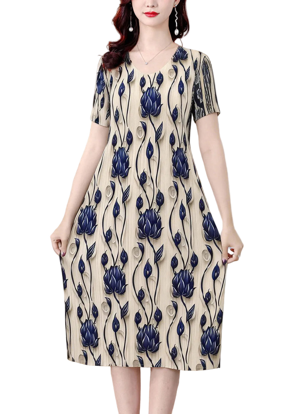 Dames Zomerjurk O-hals Gerimpeld Design 0