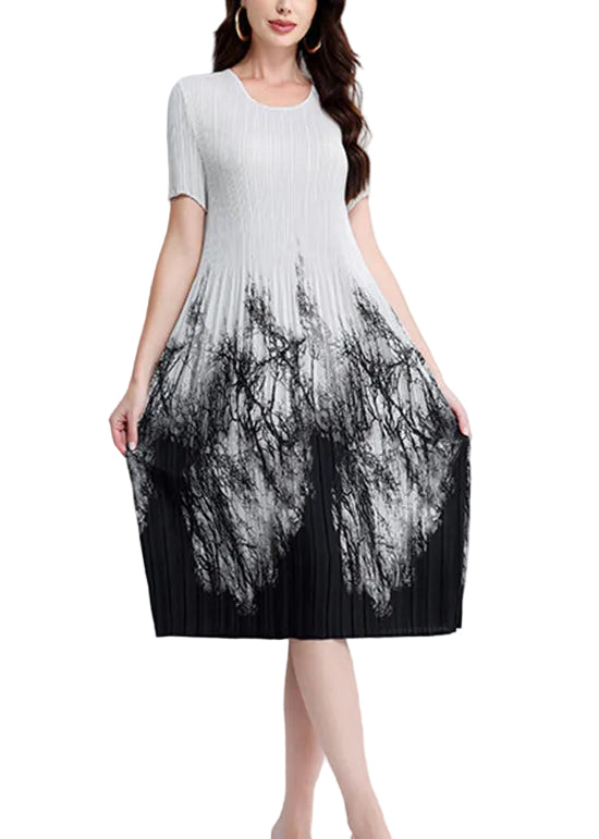 Dames Zomerjurk O-hals Met Print En Gerimpelde Details 0