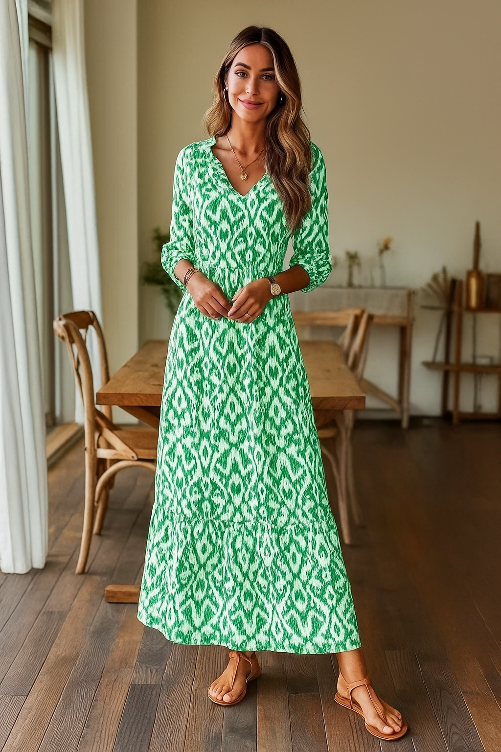 Dames Zomerjurk V-hals A-lijn met Halve Mouwen 3