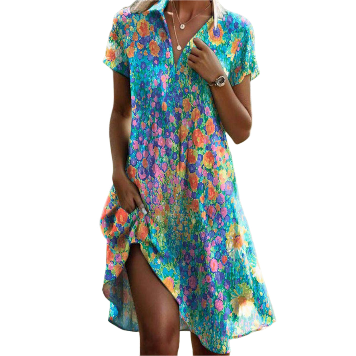 Dames Zomerjurk V-hals Asymmetrische Zoom Bloemenprint 0