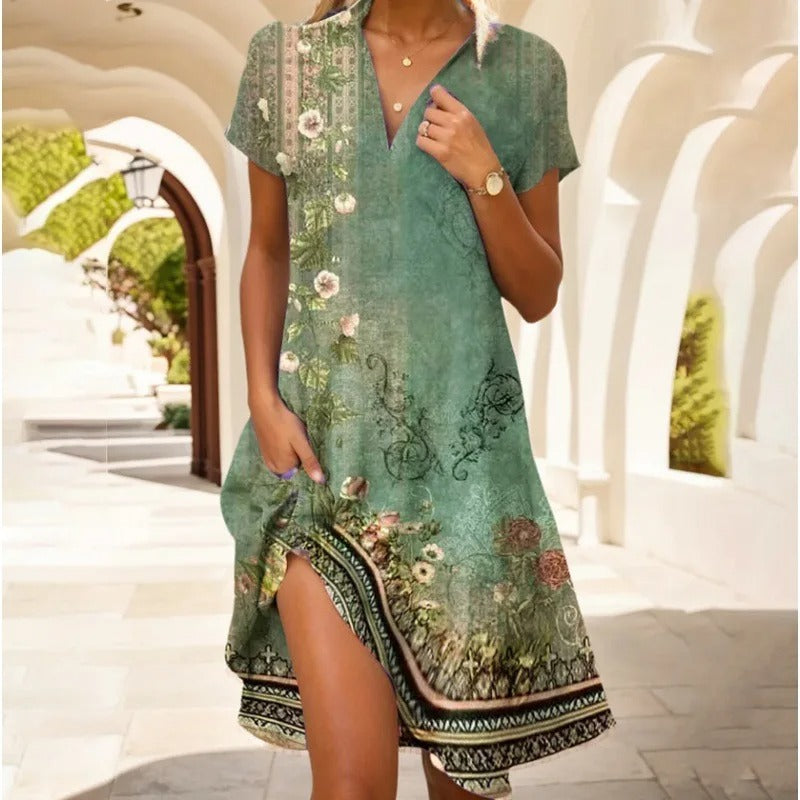 Dames Zomerjurk V-hals Asymmetrische Zoom Bloemenprint 2