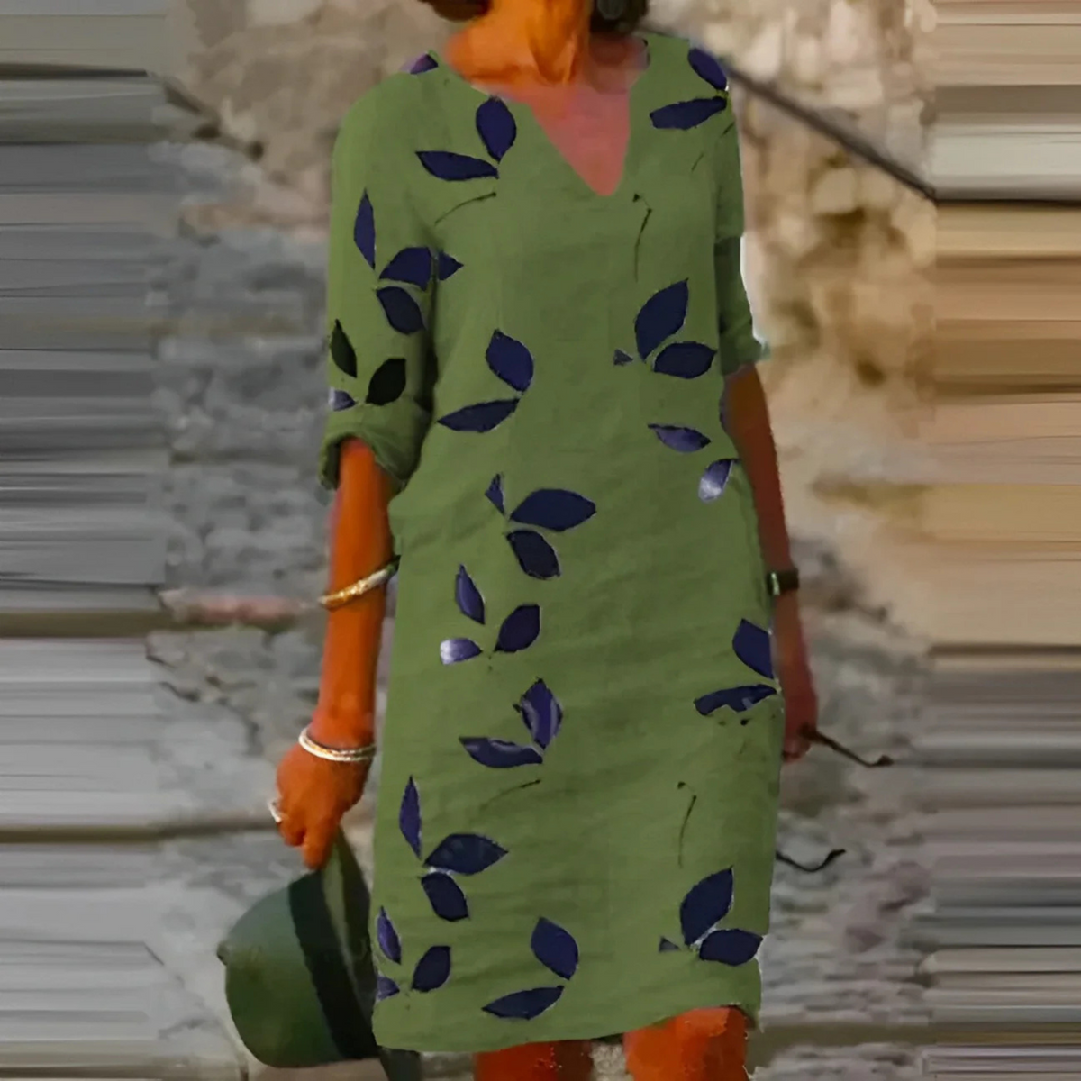Dames Zomerjurk Vloeiende Snit met Bladprint 2