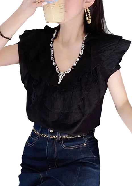 Dames Zwart Katoenen Shirt met Ruches 0